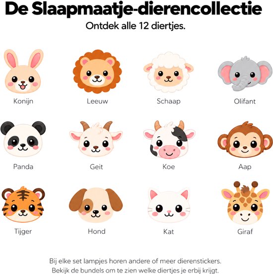 Overzicht van de Slaapmaatje-dierencollectie met 12 stickers: konijn, leeuw, schaap, olifant, panda, geit, koe, aap, tijger, hond, kat, giraf.