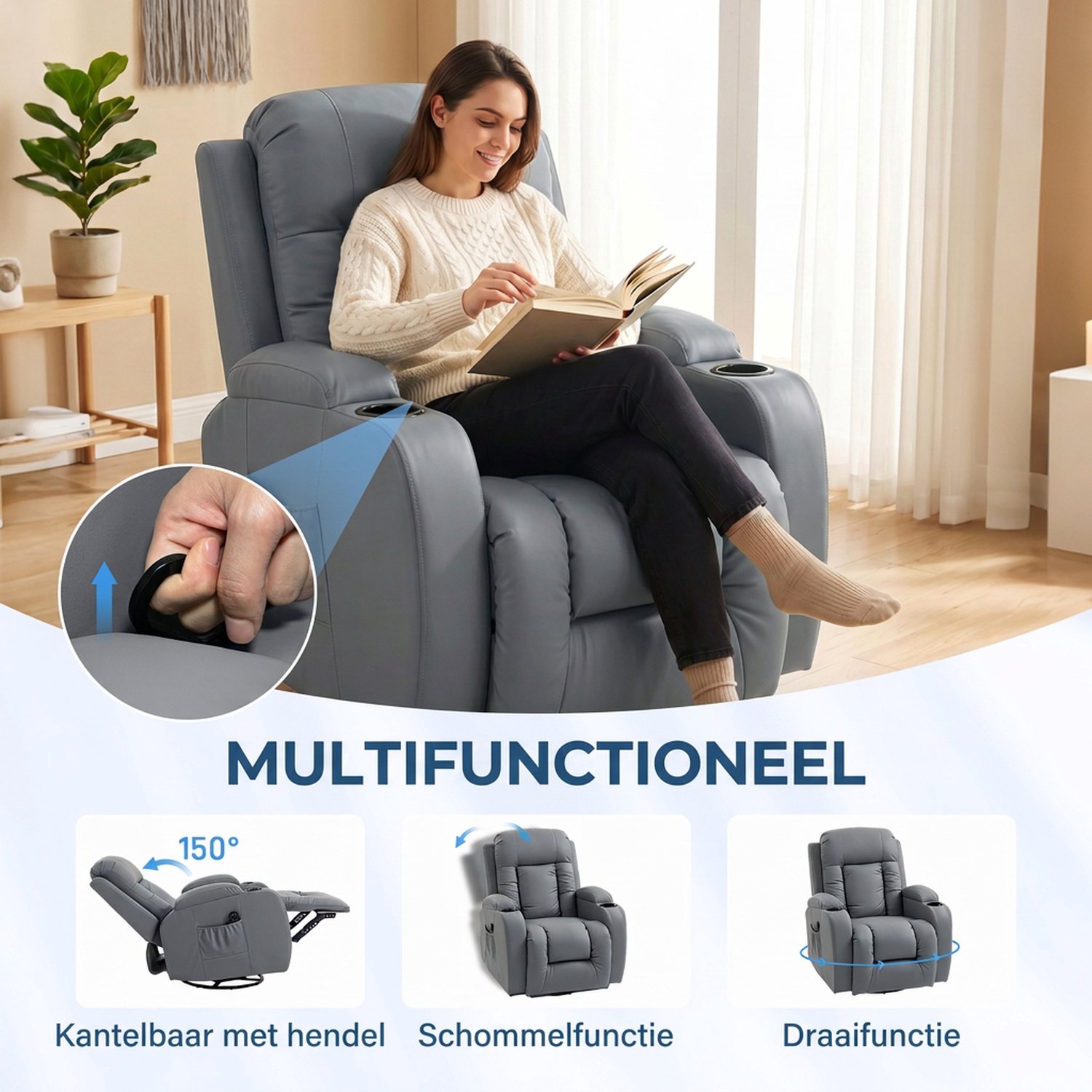 HOMCOM Massage Relaxstoel met Warmtefunctie - Relaxfauteuil - Tv-stoel - Ligstoel - Lichtgrijs – foto 6