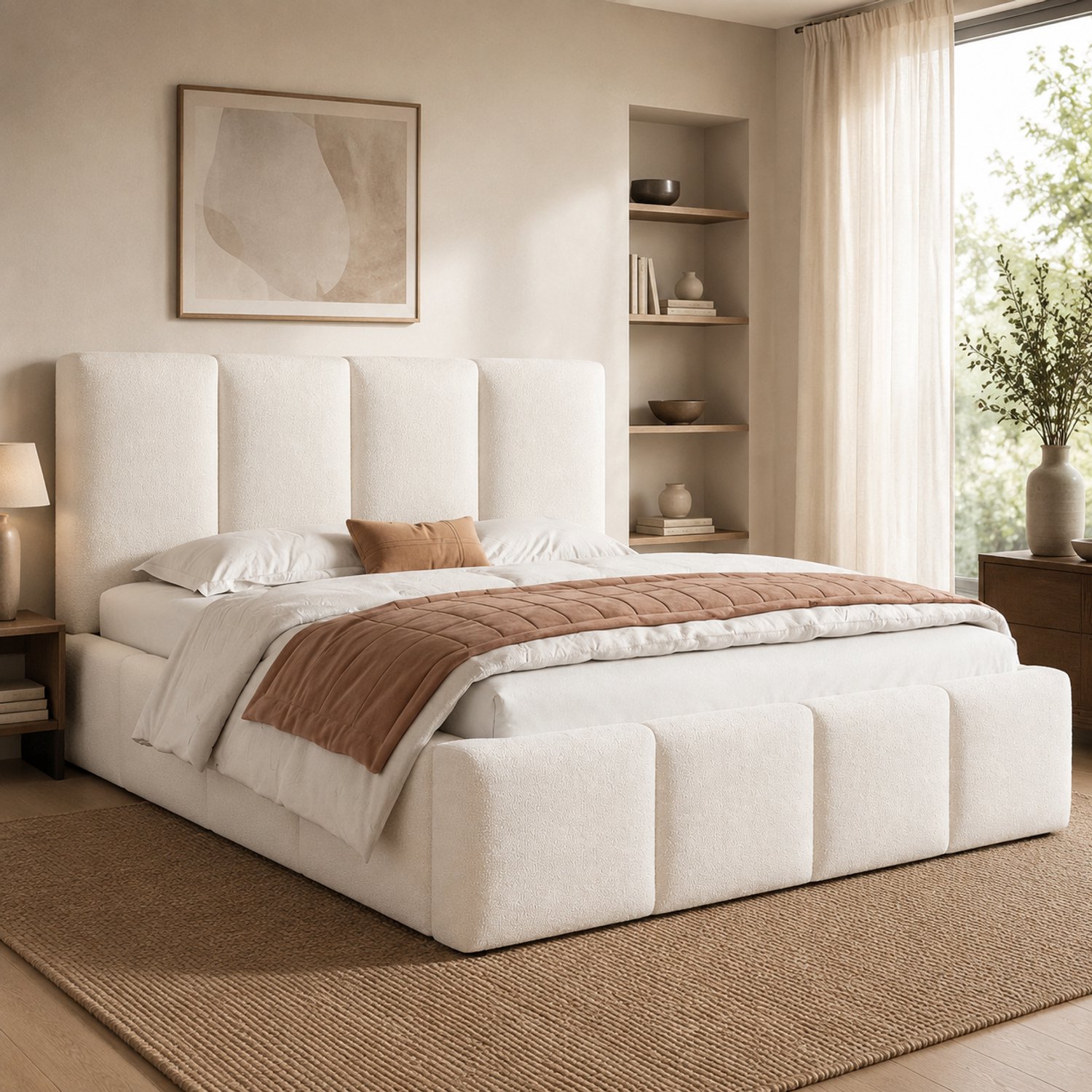 Sweiko Tweepersoonsbed - 180 x 200 cm - Gestoffeerd hoofdeinde - Bouclé-stof - Beige