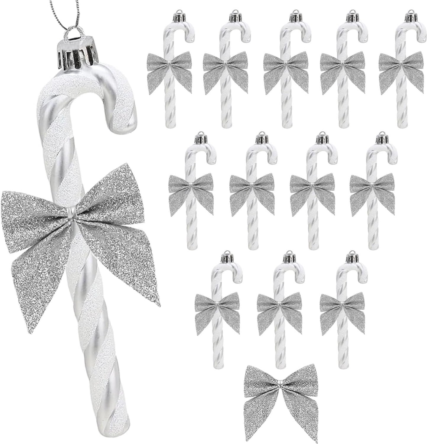 KZQ 12 stuks Kerstmis Glitter Candy Cane met Strik - Grijs Plastic Candy Cane Decoratie - Kerstboom Hangornament voor Feestelijke Kerstdecoratie (Grijs Strik)
