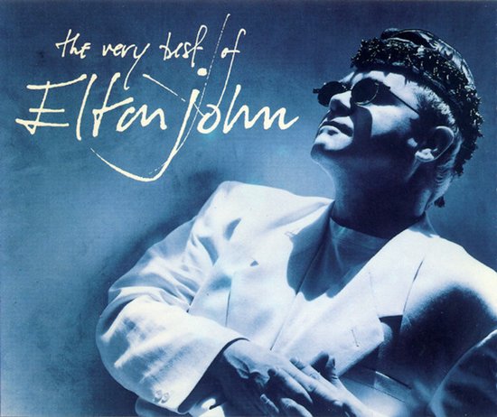 Elton John in wit jasje met zonnebril en hoed op albumhoes The Very Best of Elton John in blauwe tinten.