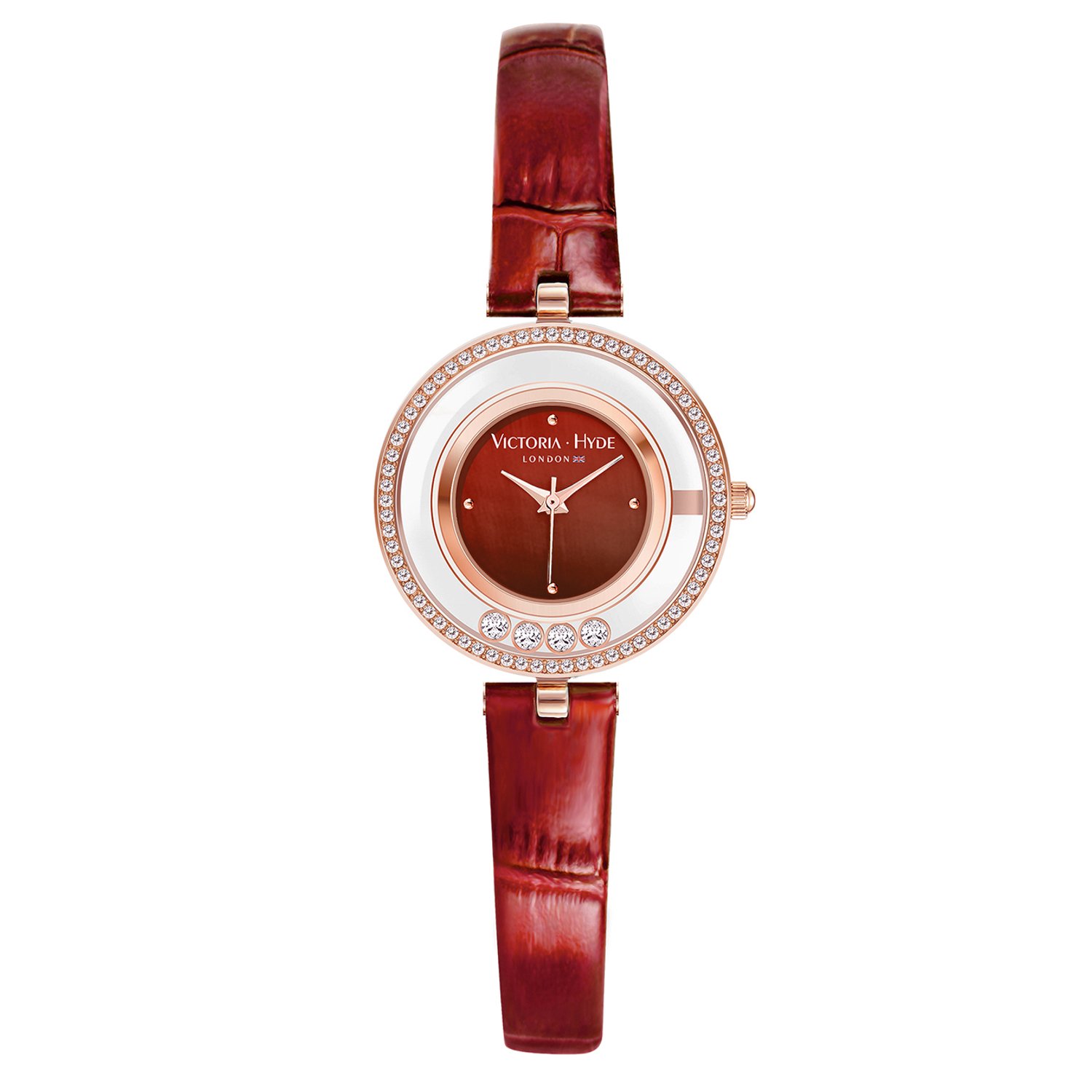 Victoria Hyde "Stars" - Horloge Dames Rose Goud - 32.5mm - Leren Band - Horloges voor Vrouwen & Meisjes - rond uurwerk met kristal accenten - Rond - 3ATM Waterdicht - Cadeau voor vrouw - Rood