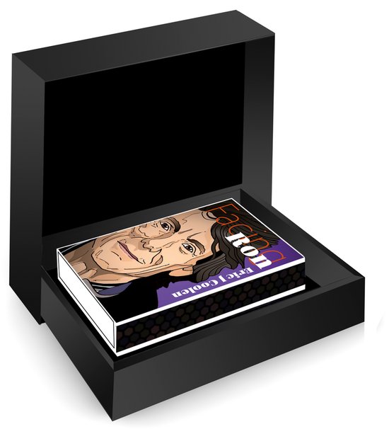 Het boek Facing Ron ligt in een open, luxe zwarte geschenkdoos.
