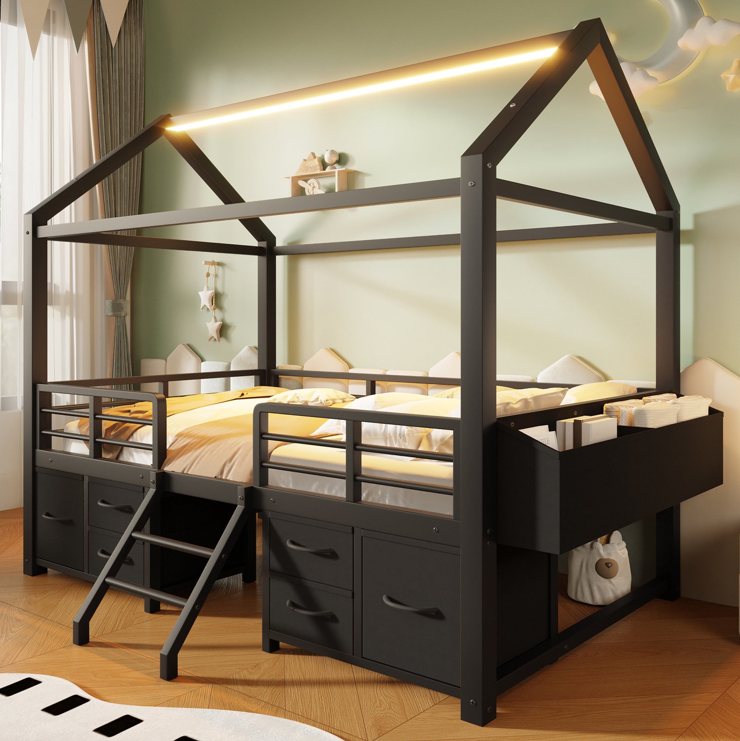 OKWISH Hoogslaper 90x200cm - Kinderbed met Huisdak en Ledverlichting - Met Stoffen Lades en Opbergruimte - Metaal en Mdf - Zonder Matras - Zwart
