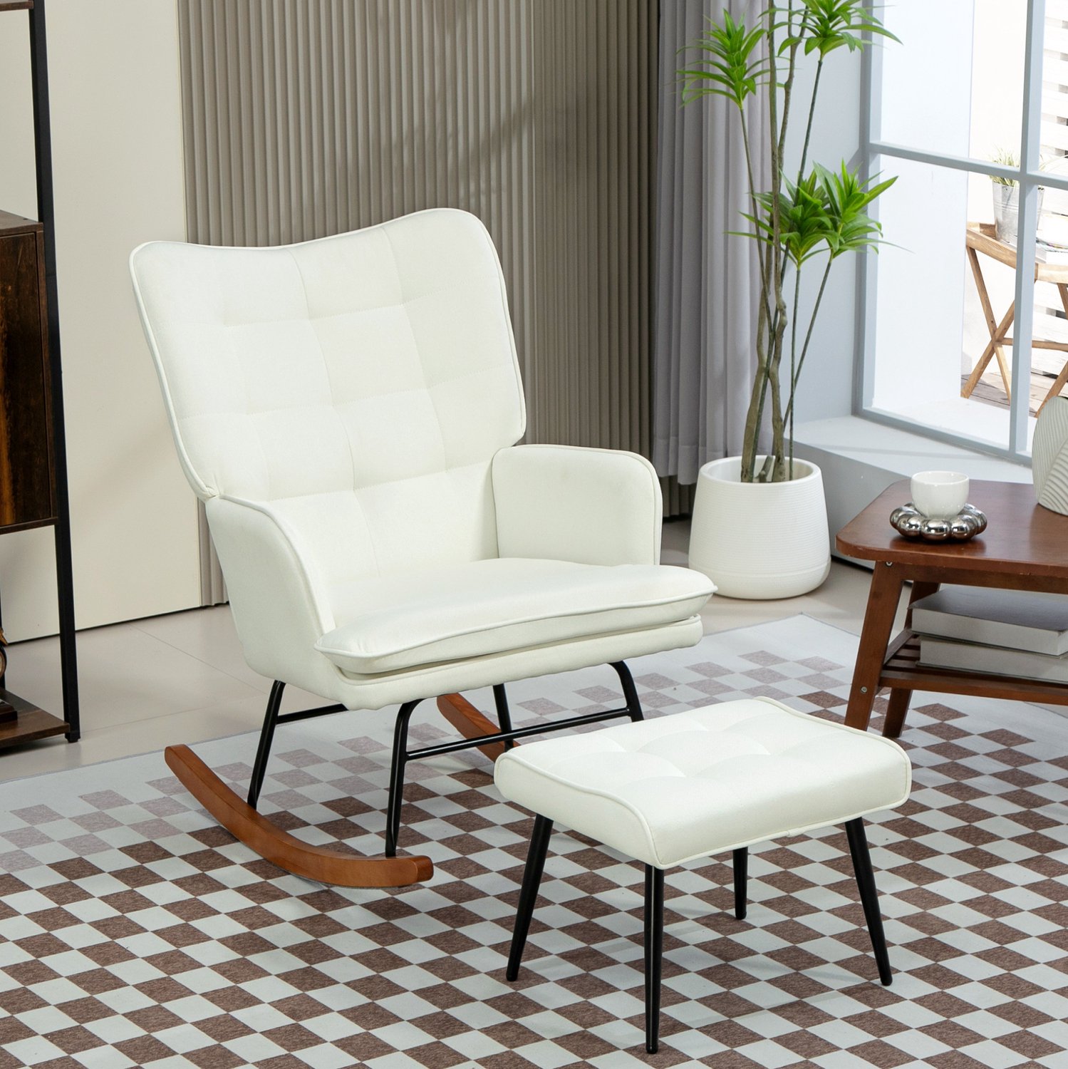 MIVRAY Schommelstoel 64 x 89 x 90 cm - Met Hocker en Armleuningen - Voor Woonkamer en Slaapkamer - Polyester en Hout - Crèmewit