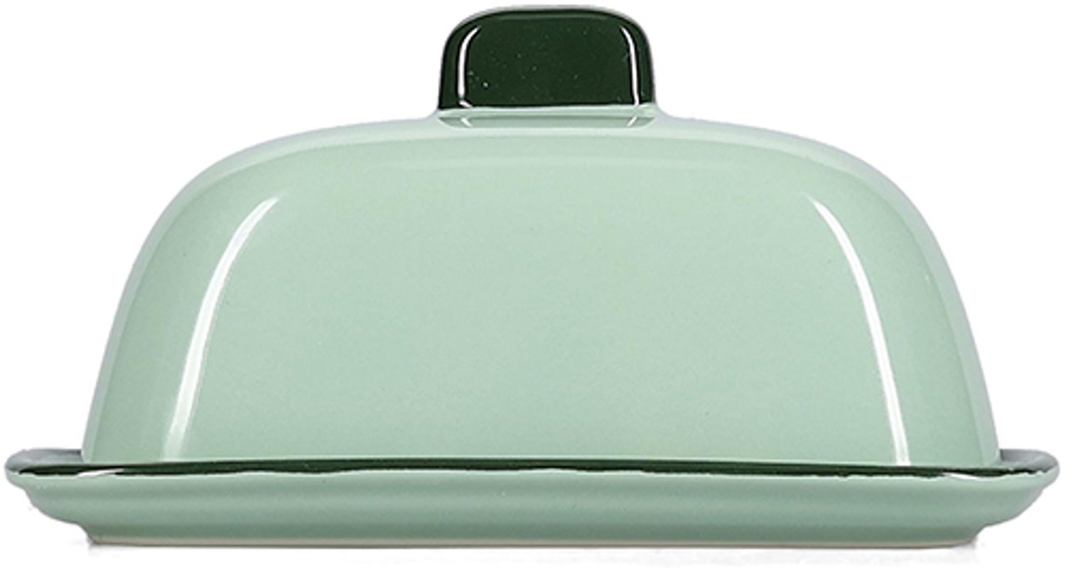 Fameilleur boterpot 16x10,5xH8cm groen Duo - stenen opbergpot met deksel, voor koffie, thee, suiker, koekjes en boter, vaatwasser- en magnetronbestendig, voedselveilig, servies voor thuis, restaurant en horeca, mooi als cadeau