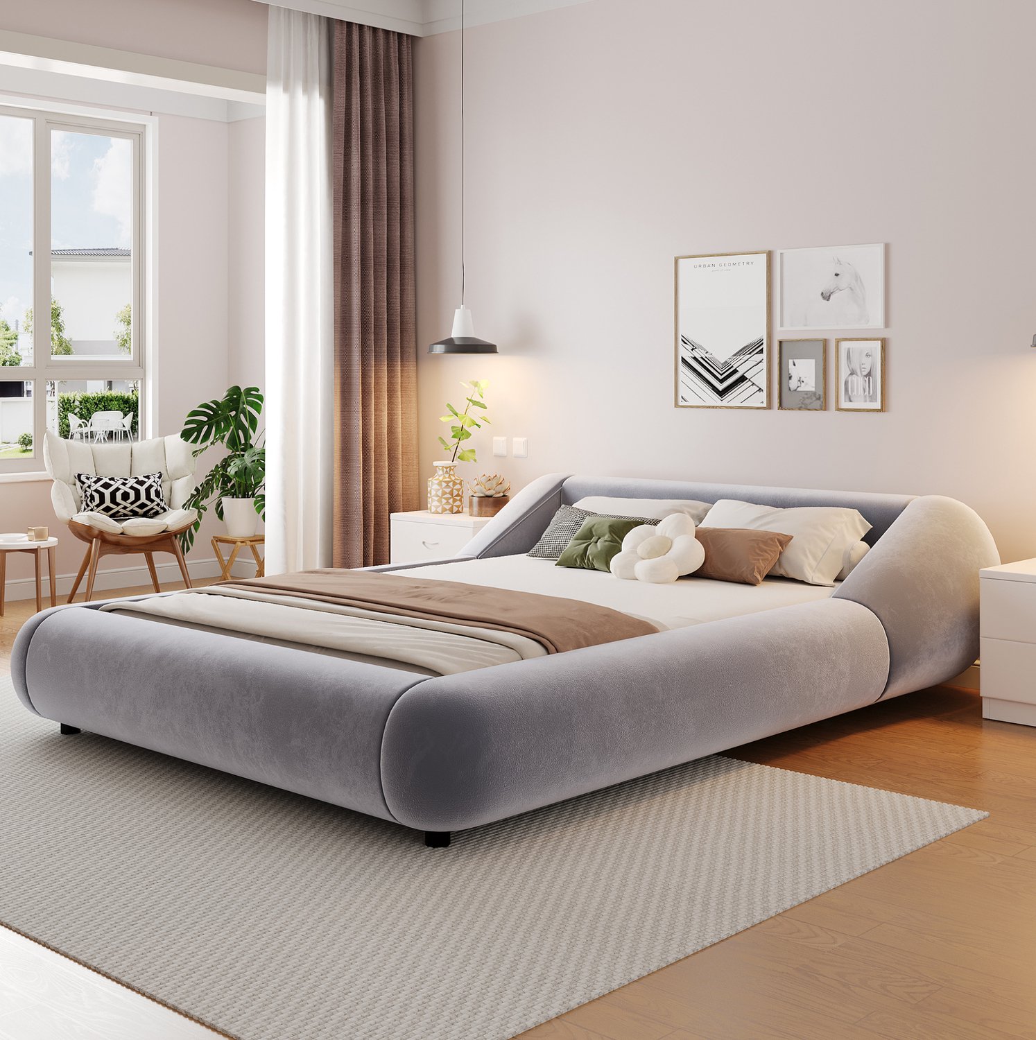 OKWISH Gestoffeerd Bed 140 x 200 cm - Tweepersoonsbed met Omsluitend Hoofdbord - Zwevende Uitstraling en Ledverlichting - Fluweel - Zonder Matras - Grijs