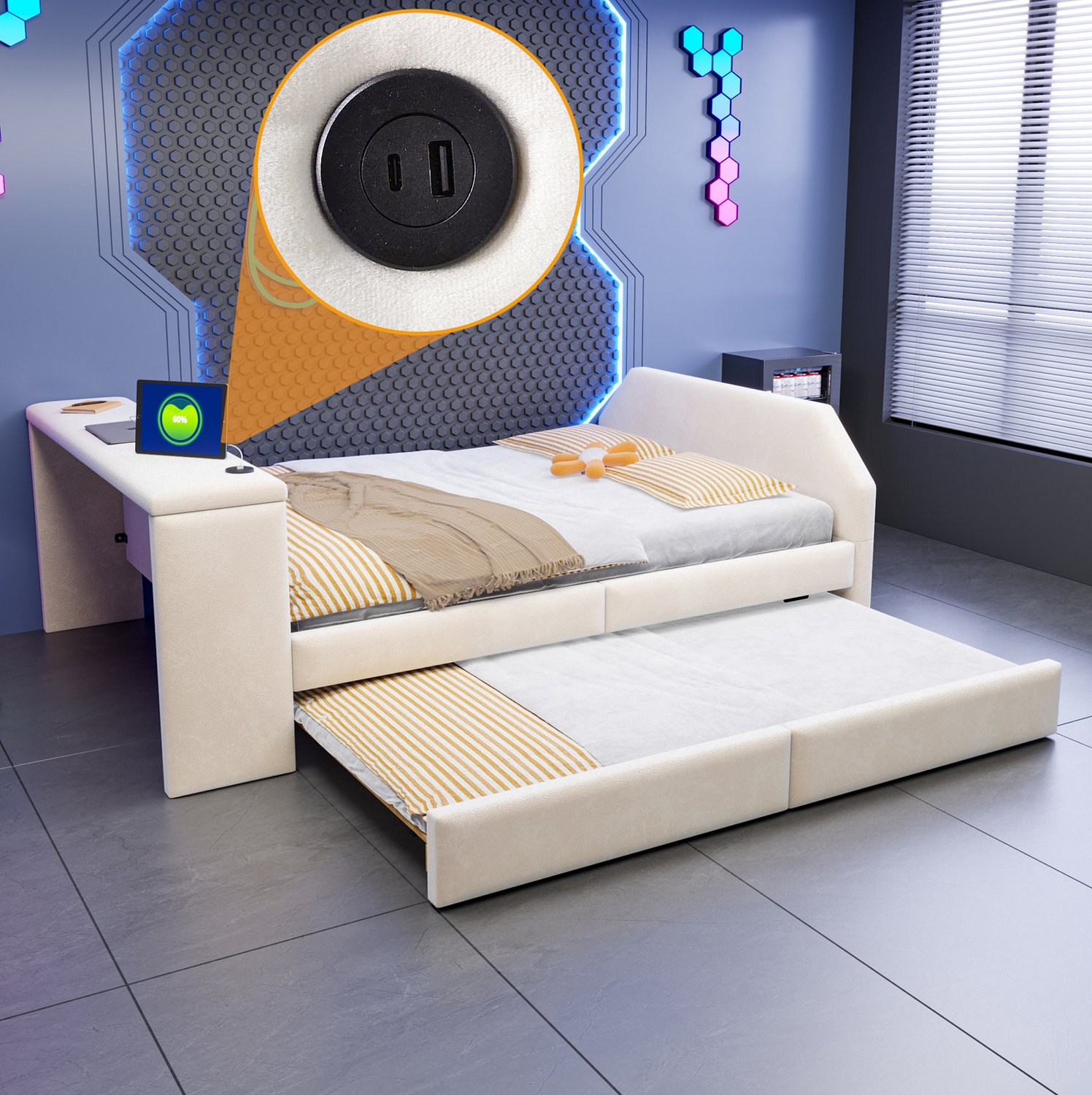Wishdor Kinderbed 140x200 cm - Uitschuifbaar logeerbed - Bureau met USB-aansluiting - Gestoffeerd in fluweelachtige stof - Voor kinder- en tienerkamer en logeerkamer - Beige