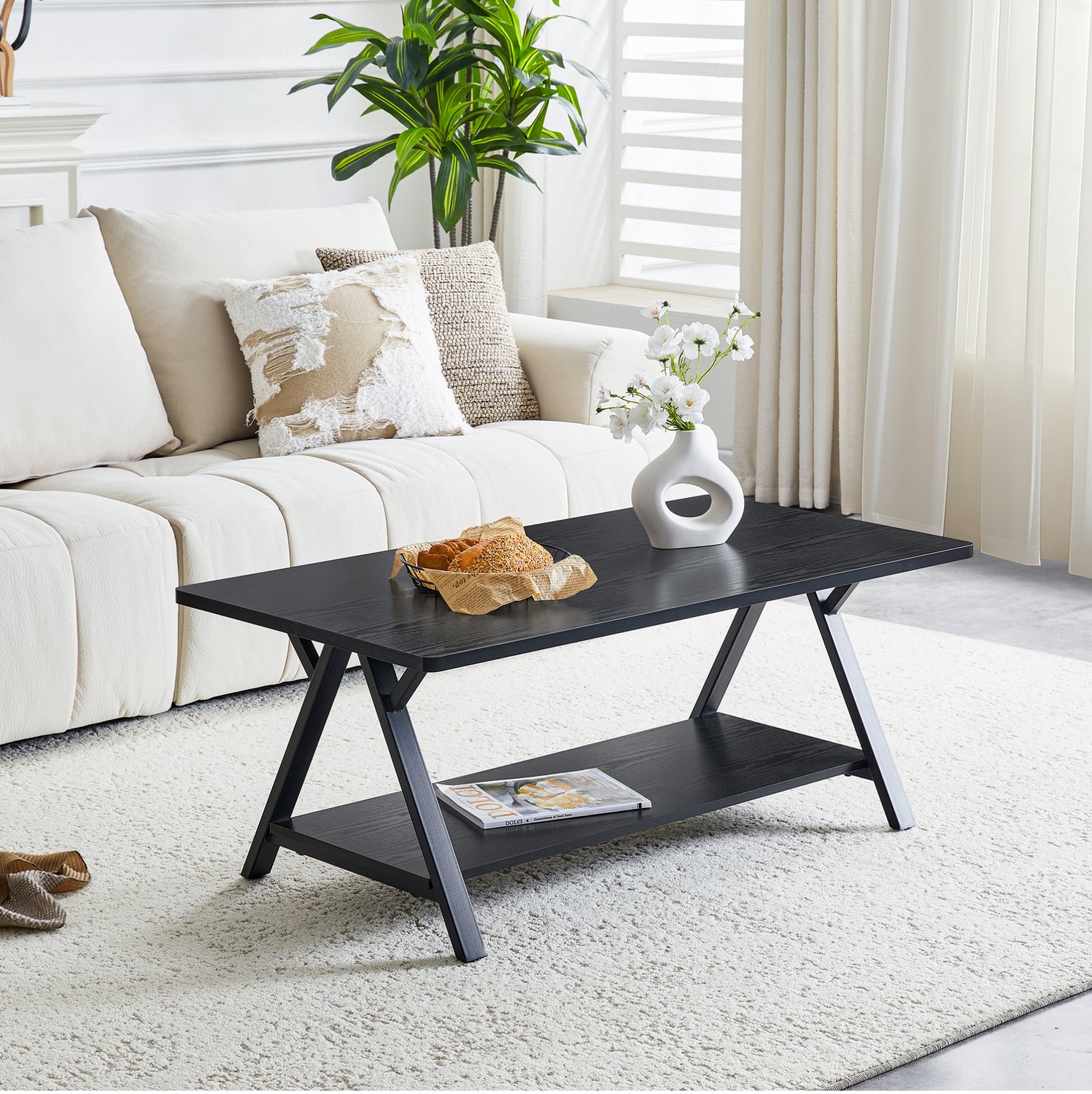 CHICFURN Salontafel 110 cm - Met opbergplank - X-vormig metalen frame - Zwart