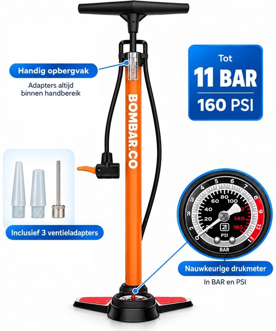 Oranje BOMBAR fietspomp met drukmeter tot 11 bar, zwarte voet en 3 meegeleverde ventieladapters.