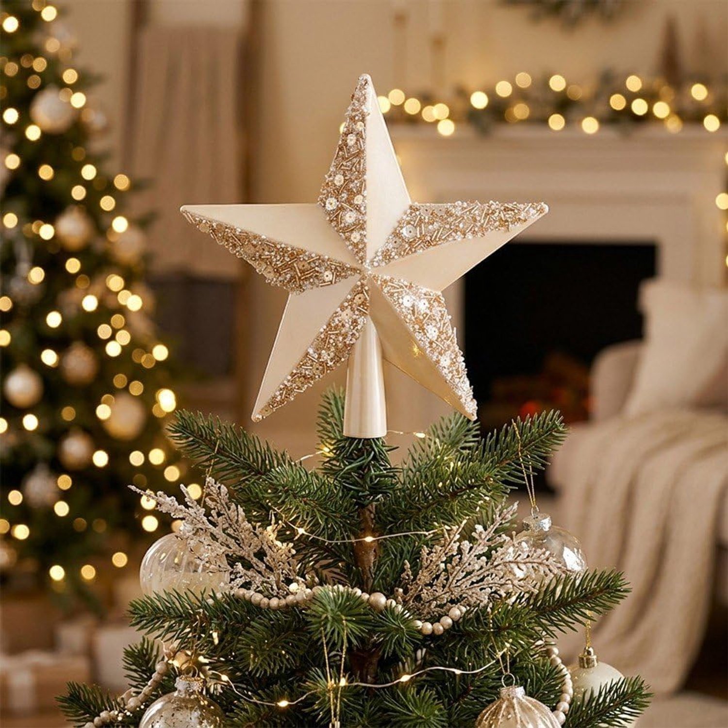Kerstboomtopversiering in de vorm van een ster - Kerstdecoratie - Kerstboomtop - Voeg een prachtig accent toe aan kerstfeesten en winterse bijeenkomsten met de familie - Champagnekleur – foto 7