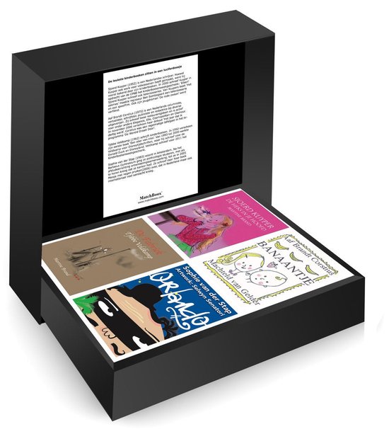 Luxe zwarte geschenkdoos met vier miniboekjes, inclusief beschrijving van de auteurs.
