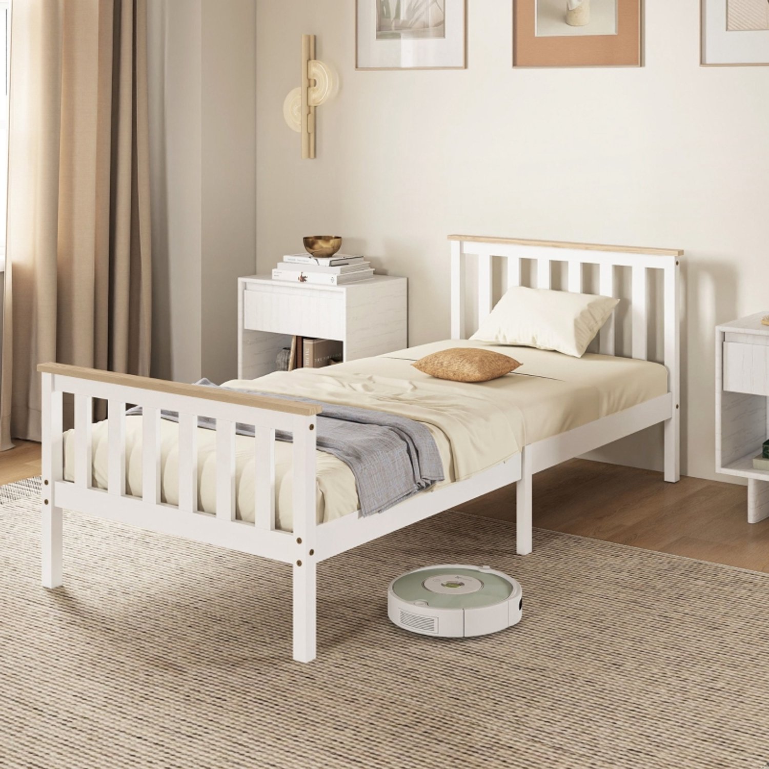 WUVRIE Eenpersoonsbed 90x200 cm - Houten bedframe met lattenbodem en ruimte onder het bed - Wit