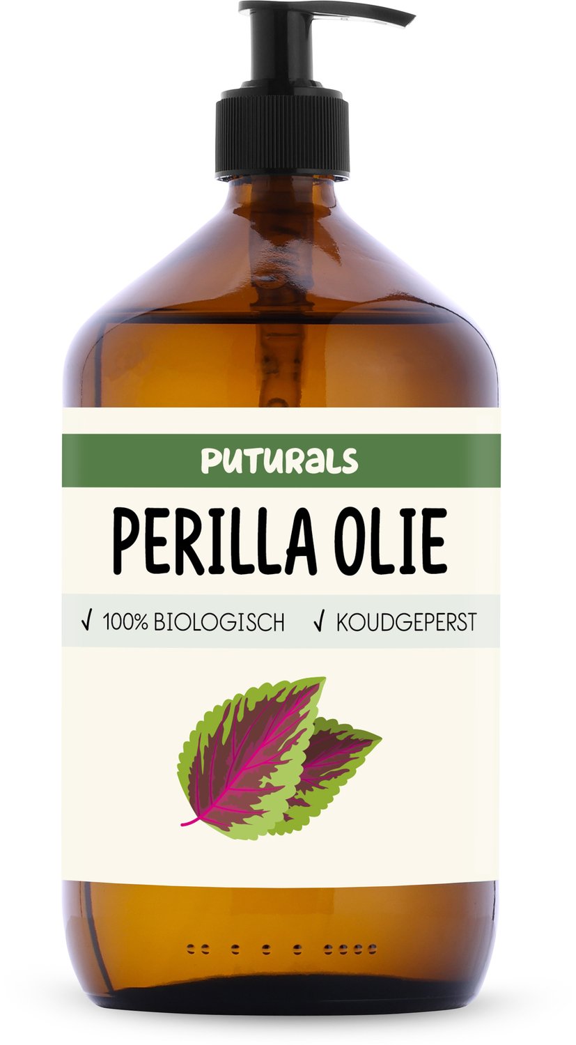 Puturals Perilla Olie 100% Biologisch - 1000 ml - Puur en Koudgeperst - Perilla Olie voor Huid, Haar en Lichaam - Rijk aan Omega 3, Omega 6 en Omega 9 - Perilla Oil voor Huidolie - Bruine Glazen Fles + Pomp