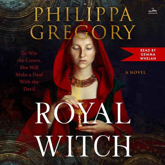 Boekomslag van Royal Witch door Philippa Gregory met een vrouw in een rode kap die een magische kaars vasthoudt.