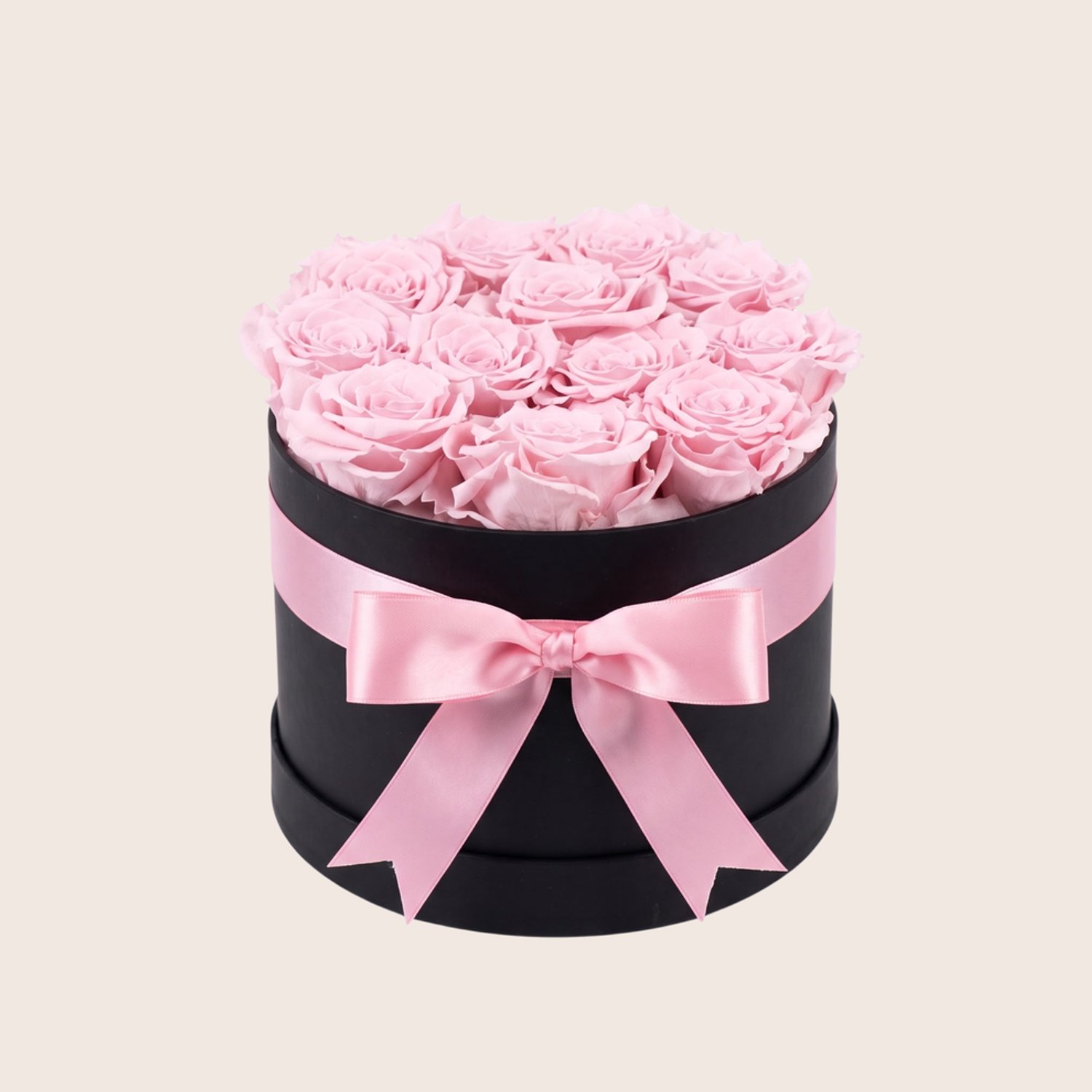 Charle Roses Signature - Rozenbox met 12 echte houdbare rozen - 20 x 14,5 cm - Powder Pink lichtroze - zwarte cadeaubox met lint