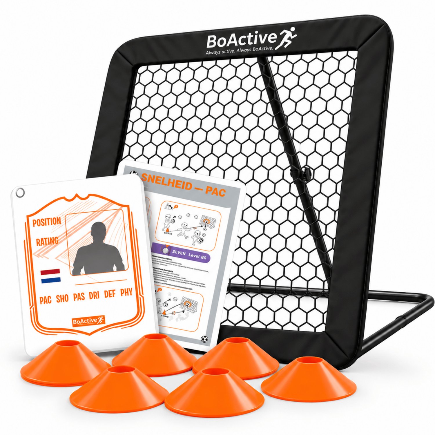 BoActive® Voetbal Rebounder 100x100 incl. Trainingsboekje & 6 Pionnen - Rebounder Voetbal voor Kinderen - Incl. Spelerskaart - Voetbal Trainingsmateriaal