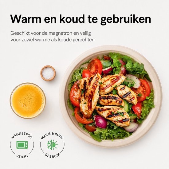 Composteerbaar bord met gegrilde kip en salade, geschikt voor warme en koude gerechten.