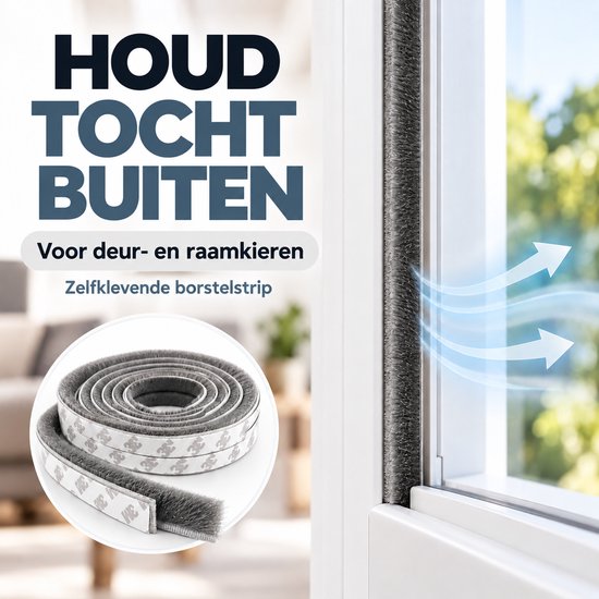 Zelfklevende grijze borstelstrip die tocht bij ramen en deuren buiten houdt.