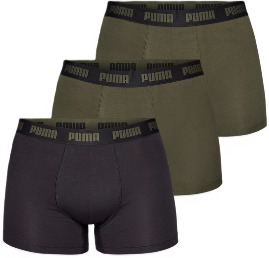 Trois boxers PUMA en vert olive et noir avec une ceinture élastique arborant le logo PUMA.