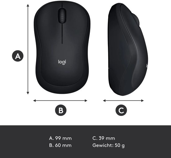 Afmetingen van de zwarte draadloze muis: 99 mm lang, 60 mm breed, 39 mm hoog, gewicht 50 g.