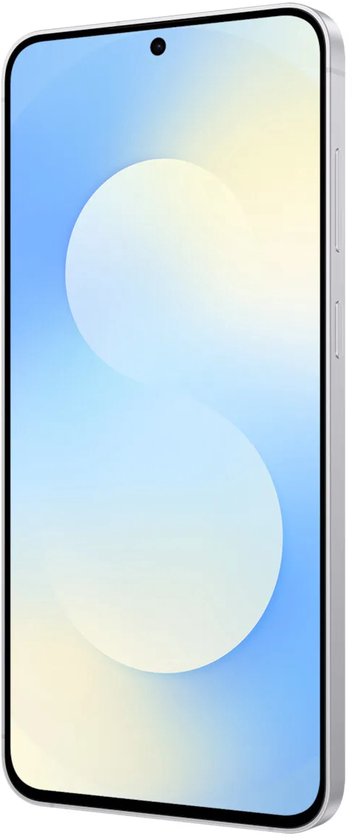 Zijaanzicht van de smartphone met lichtblauw scherm en zilveren rand.