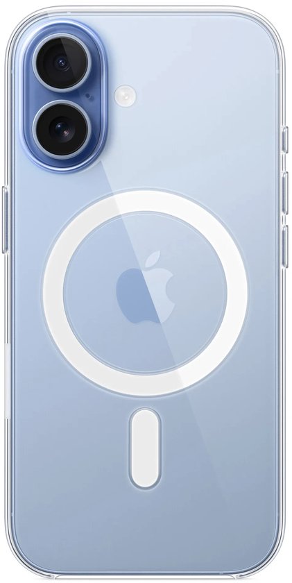 Transparant MagSafe-hoesje voor een lichtblauwe iPhone, met duidelijke camera-uitsparing.