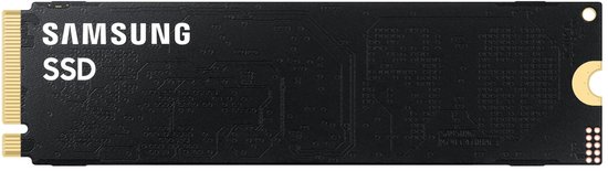 Achterzijde van de zwarte Samsung SSD met printplaatdetails.