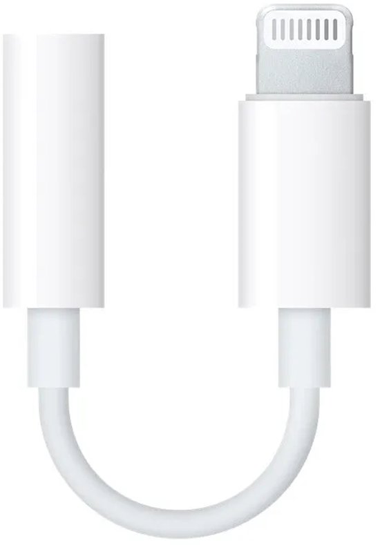 Witte Lightning-naar-3,5mm-hoofdtelefoonaansluitingadapter in een U-vorm.