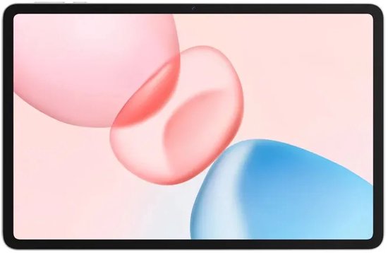 Vooraanzicht van de HONOR-tablet met een kleurrijk roze en blauw abstract behang en een camera aan de bovenkant.