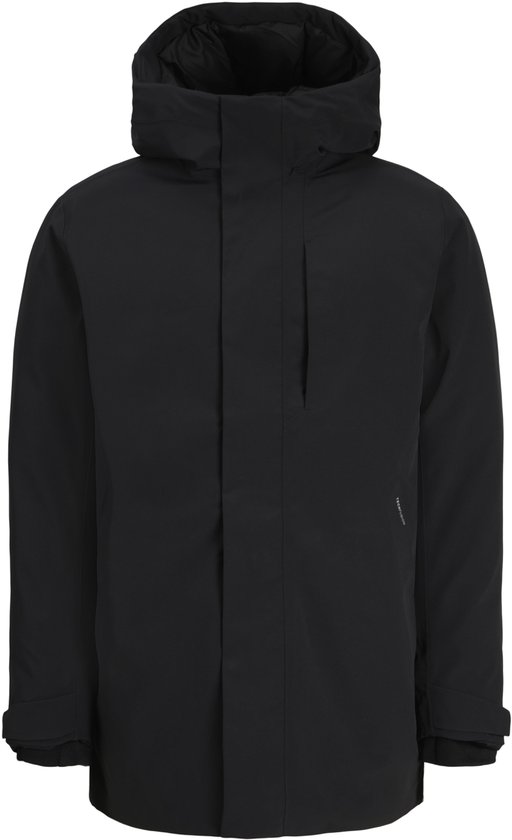 Zwarte parka met capuchon en Techfusion-logo, geïsoleerd tegen een witte achtergrond.