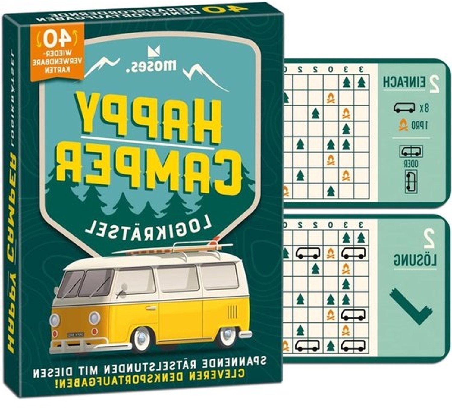 Logische puzzel - Denkspel - Campers plaatsen - Herbruikbare kaarten - 40 kaarten - Geel