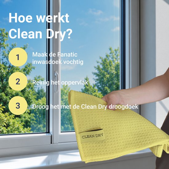 Stappenplan voor het gebruik van de gele Clean Dry doek op een raam.