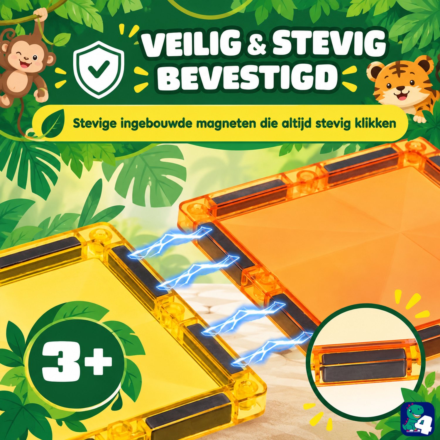 Fits4Kids® Magnetic Tiles - 47 Stuks - Magnetisch Speelgoed - Jungle Thema - Magnetische Tegels - Magna Constructiespeelgoed - Bouwstenen - 3 4 5 6 7 8 Jaar — afbeelding 6