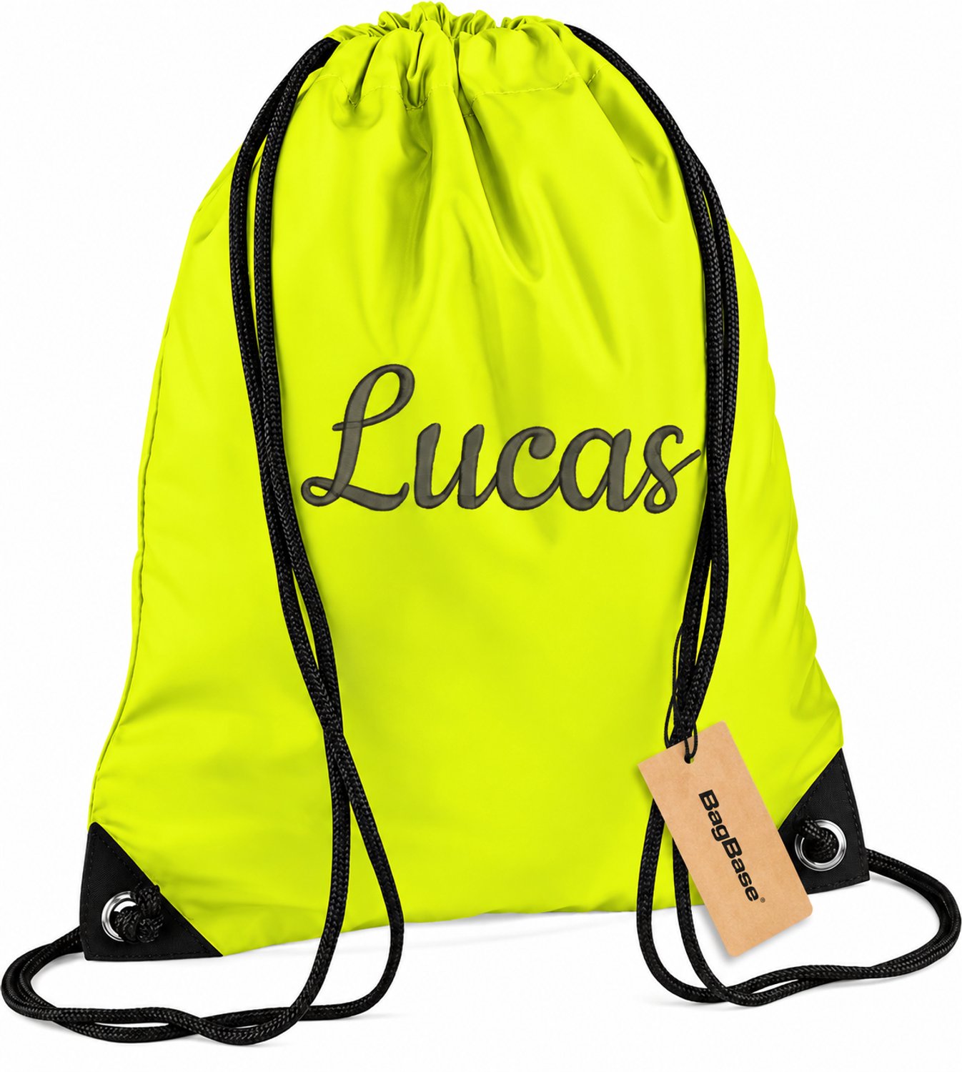 Premium zwemzak kleur Fluorescent Yellow  met naam geborduurd | 27 verschillende kleuren | gepersonaliseerd | Bagbase