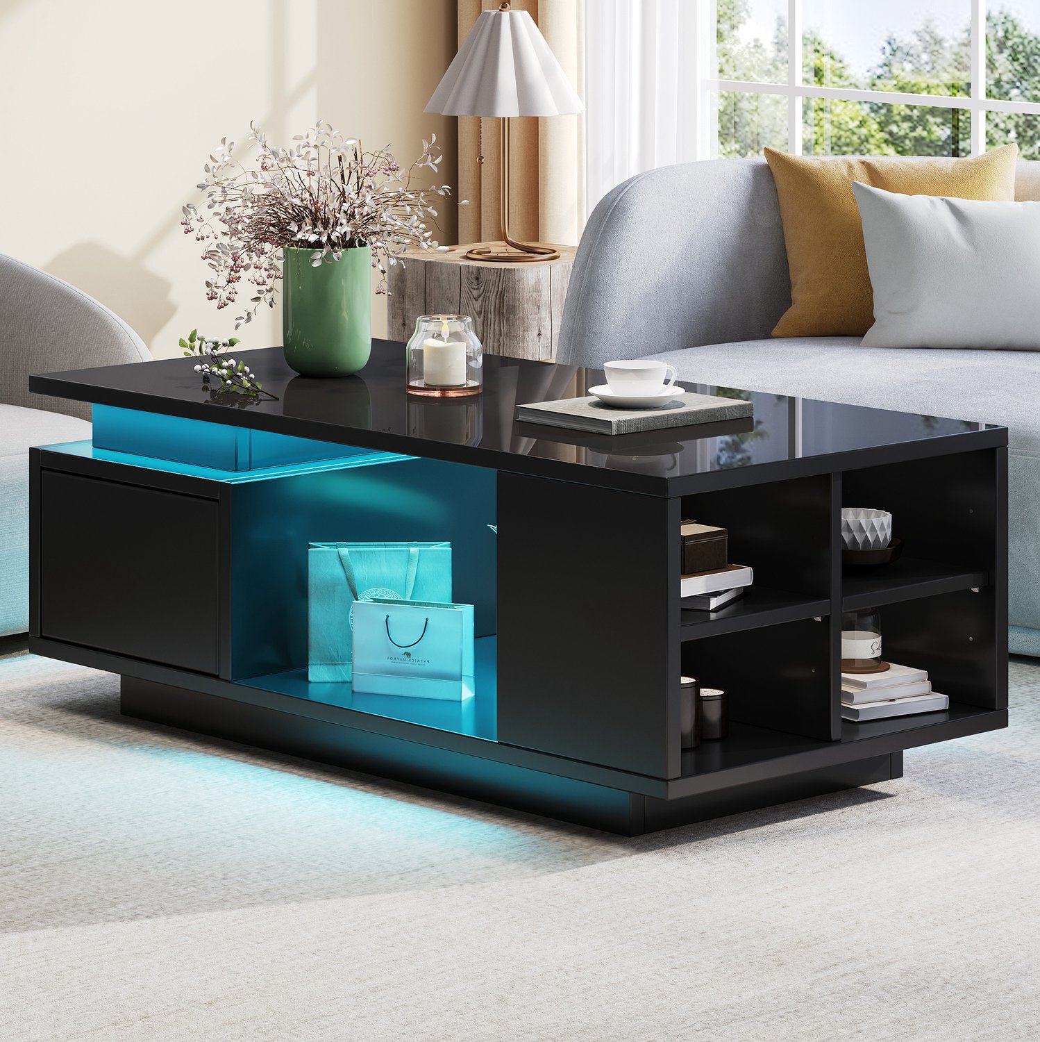 CHICFURN Salontafel - LED-verlichting - Lade en open vakken - Zwart