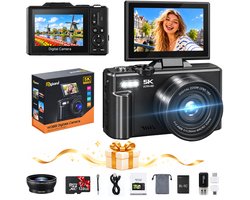 Digisand Digitale Camera met WiFi – 5K 75MP Fotocamera – Fototoestel met 18x Digitale Zoom – Compact Camera met 3 inch 180° Kantelbaar Scherm – Vlog Camera met Autofocus – Video Camera met 60FPS – Incl. 128GB SD Kaart