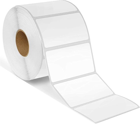 Rol met witte, rechthoekige thermische labels op een bruine kartonnen kern.