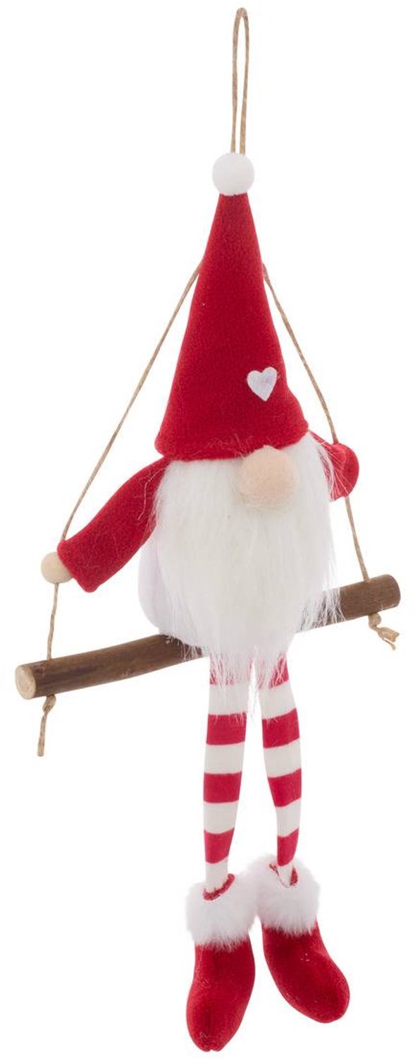 Feeric lights & Christmas Kerstboomhanger met kabouter aan een rode stoffen schommel, 16 cm Rouge