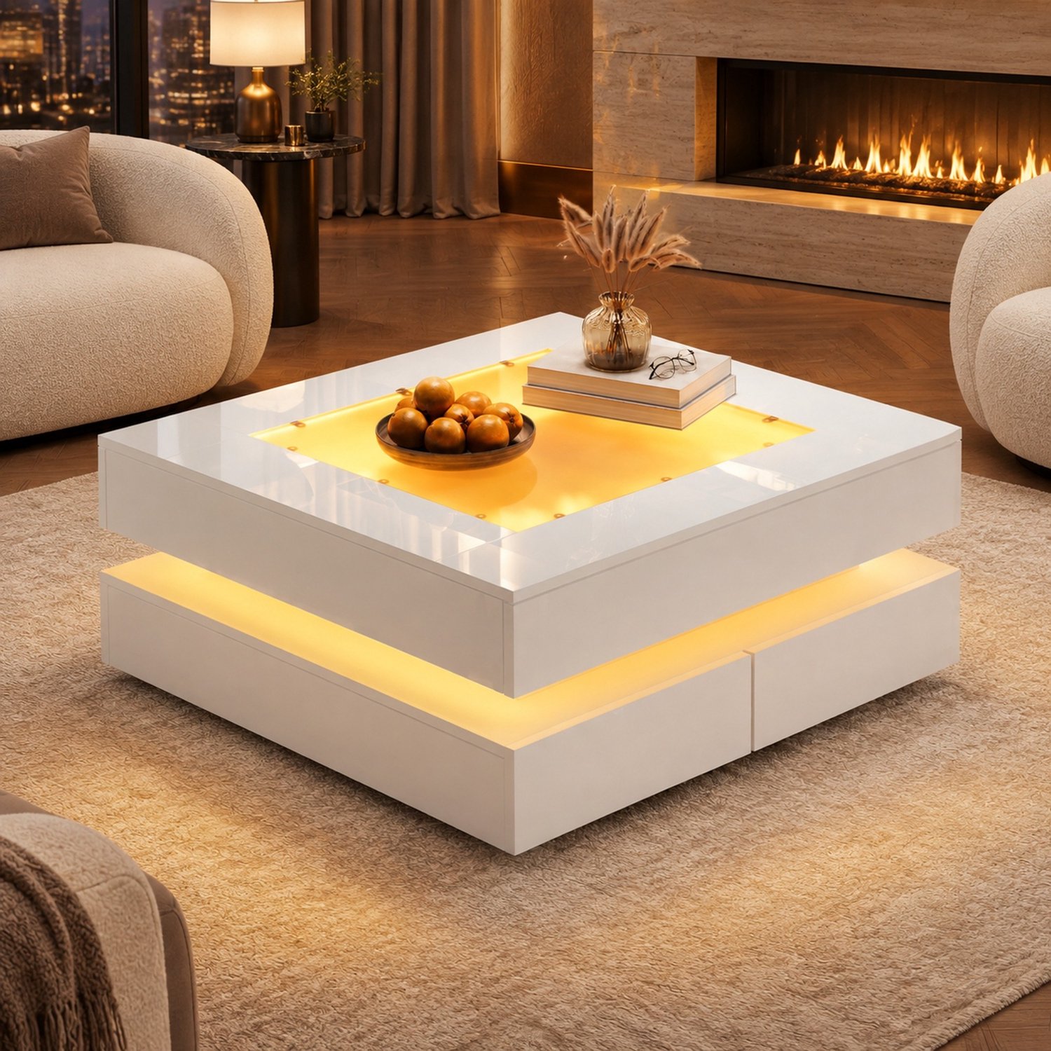 CHICFURN Salontafel - LED-verlichting - 3 lades - Wit