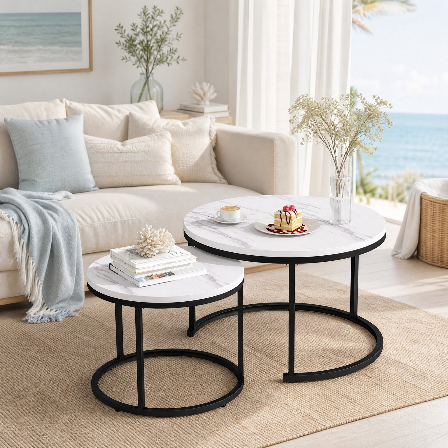 CHICFURN Salontafel - Set van 2 - Nestbaar - Rond - Wit marmerlook