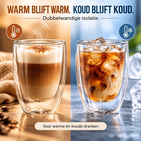 Dubbelwandige Koffieglazen Set van 6 - Theeglazen 350 ml - Borosilicaatglas - Dubbelwandige Theeglazen — cadeau in Koken & Dineren - foto 8