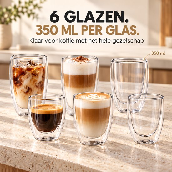 Dubbelwandige Koffieglazen Set van 6 - Theeglazen 350 ml - Borosilicaatglas - Dubbelwandige Theeglazen — cadeau in Koken & Dineren - foto 6