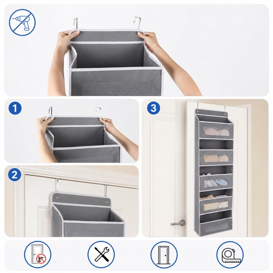 MIVRAY Deur Organizer – 5 Vakken Met Meshvakken – 40 × 14 × 147 cm – Vliesstof, Karton En Metaal – Grijs Zwart – Hangende Opberger Voor Slaapkamer, Badkamer Of Voorraadkast — afbeelding 3