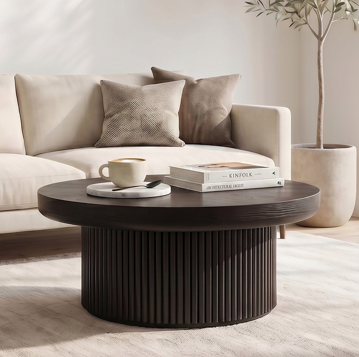 CHICFURN Salontafel - Rond - 8 cm dik blad - Cilindrische voet - Zwart