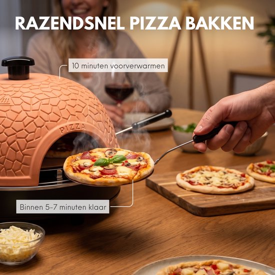 COOK-IT Pizza Oven 4 Personen - Mini Pizzaoven 800W - Pizza Oven voor op Tafel - Terracotta Koepel - Inclusief 4 Pizzaspatels — afbeelding 2