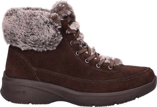 Bruine suède Skechers enkellaars met veters, imitatiebontkraag en ULTRA GO-zool.