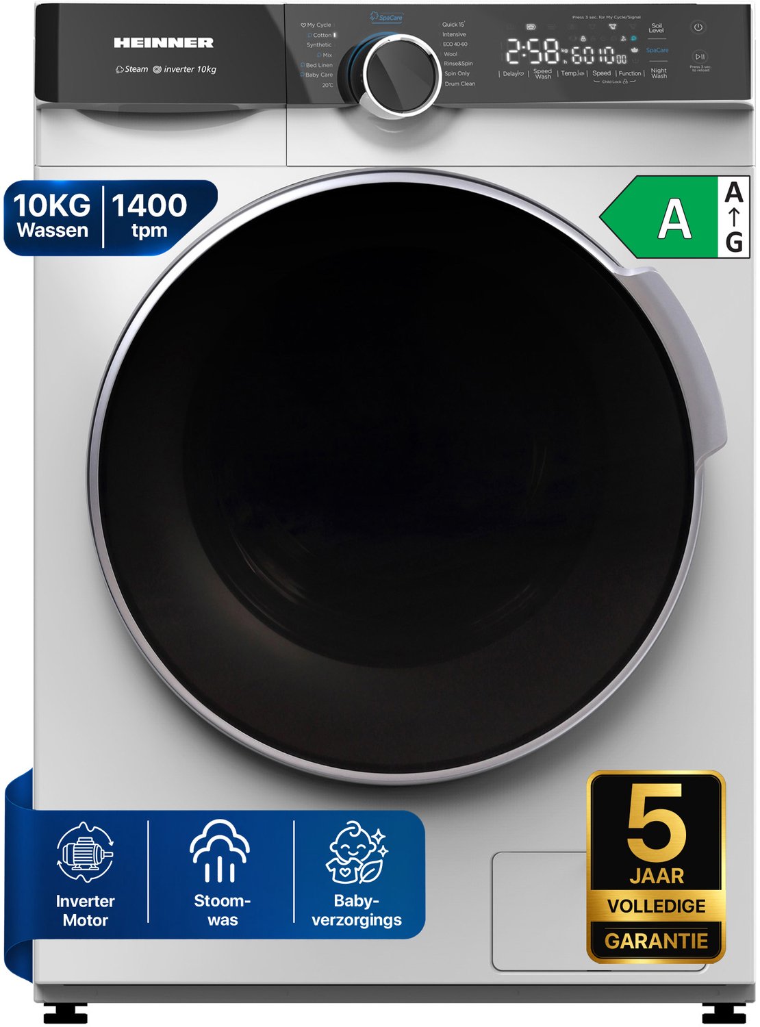 Heinner HWM-M1014IVKA+++ Wasmachine 10 kg – 1400 tpm – Energieklasse A – 14 Wasprogramma’s met Stoomfunctie en SpaCare – Geheugenfunctie voor Favoriete Programma’s – Wit – 5 Jaar Garantie
