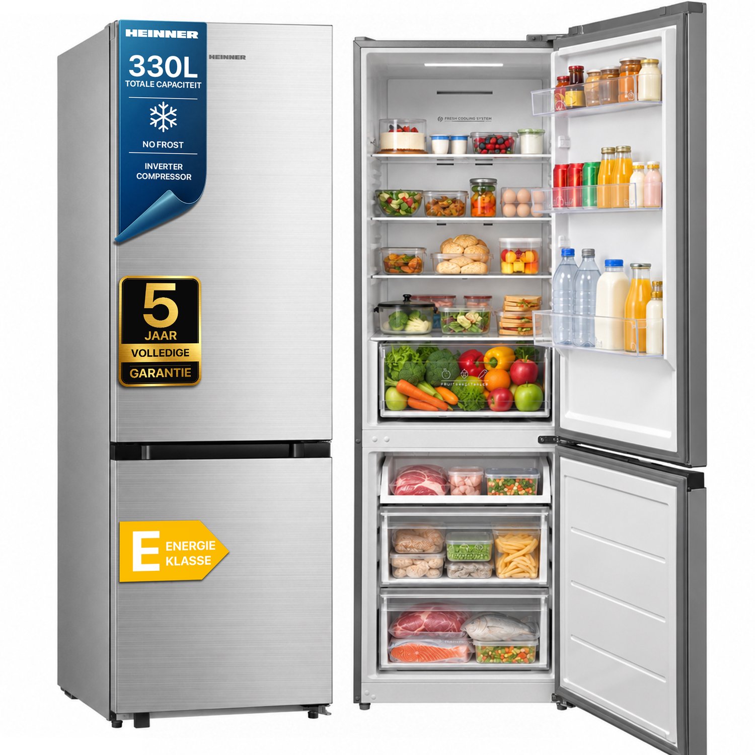Heinner HCNF-M330INVSE++ Koel-vriescombinatie – 330 L – Total No Frost – Inverter Compressor – Energieklasse E – Elektronische Bediening – Super Cooling-functie – Kinderslot – LED-verlichting – Zilver – 5 Jaar Garantie