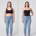Vergelijking voor en na van een model in blauwe jeans met een zwarte corrigerende strapless bodysuit van Shapetape.
